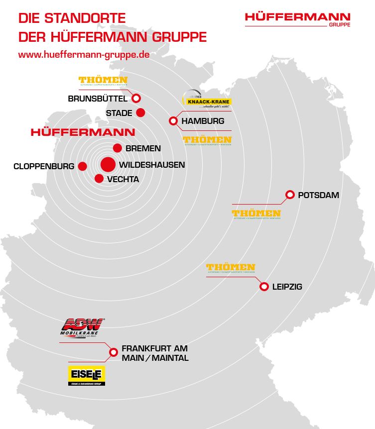 Standorte Hüffermann Gruppe Krane - Schwerlast Spedition - Transporte - Projekt Engineering